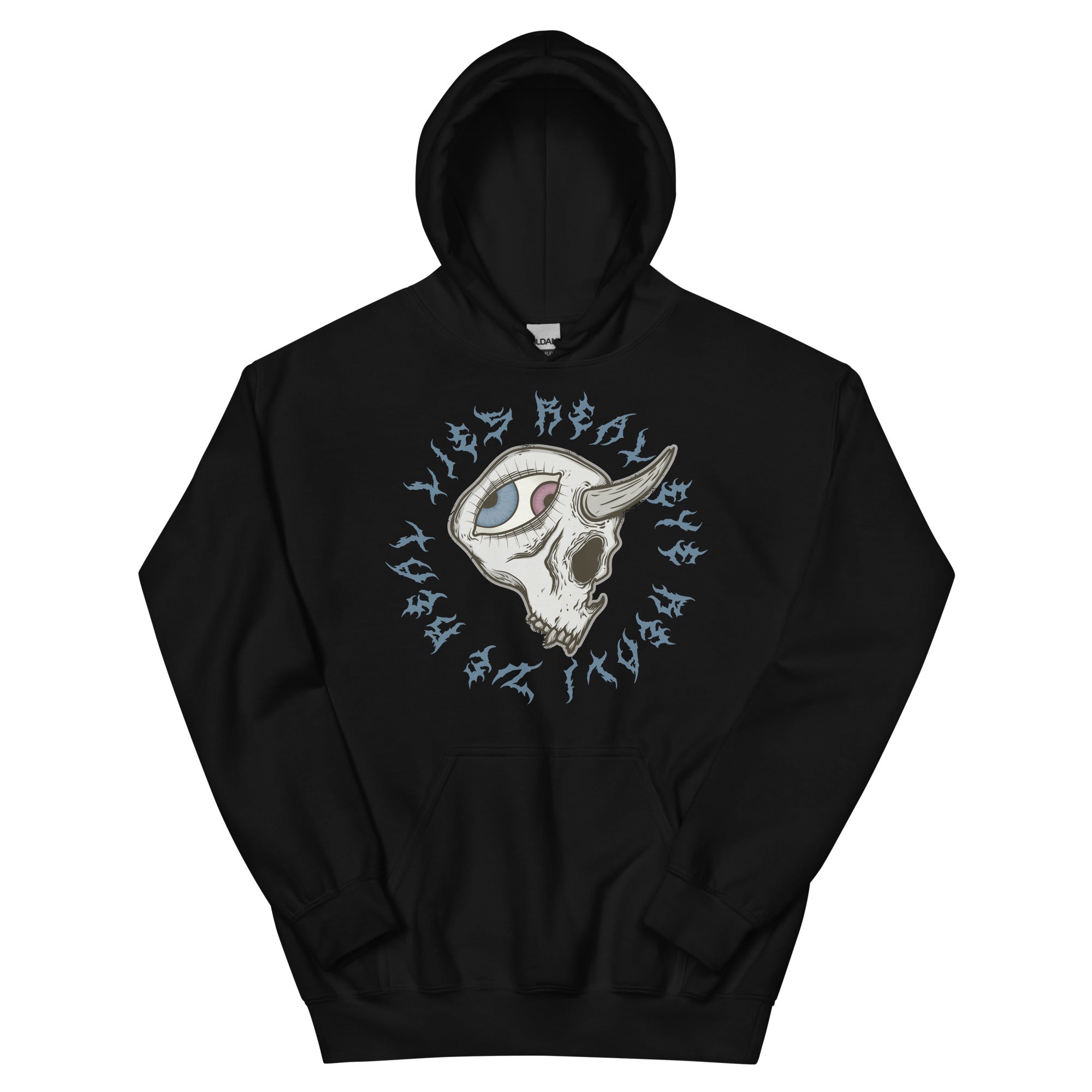 Black hoodie with a graphic design of a skull and text "real eyes realise real lies" on a white background