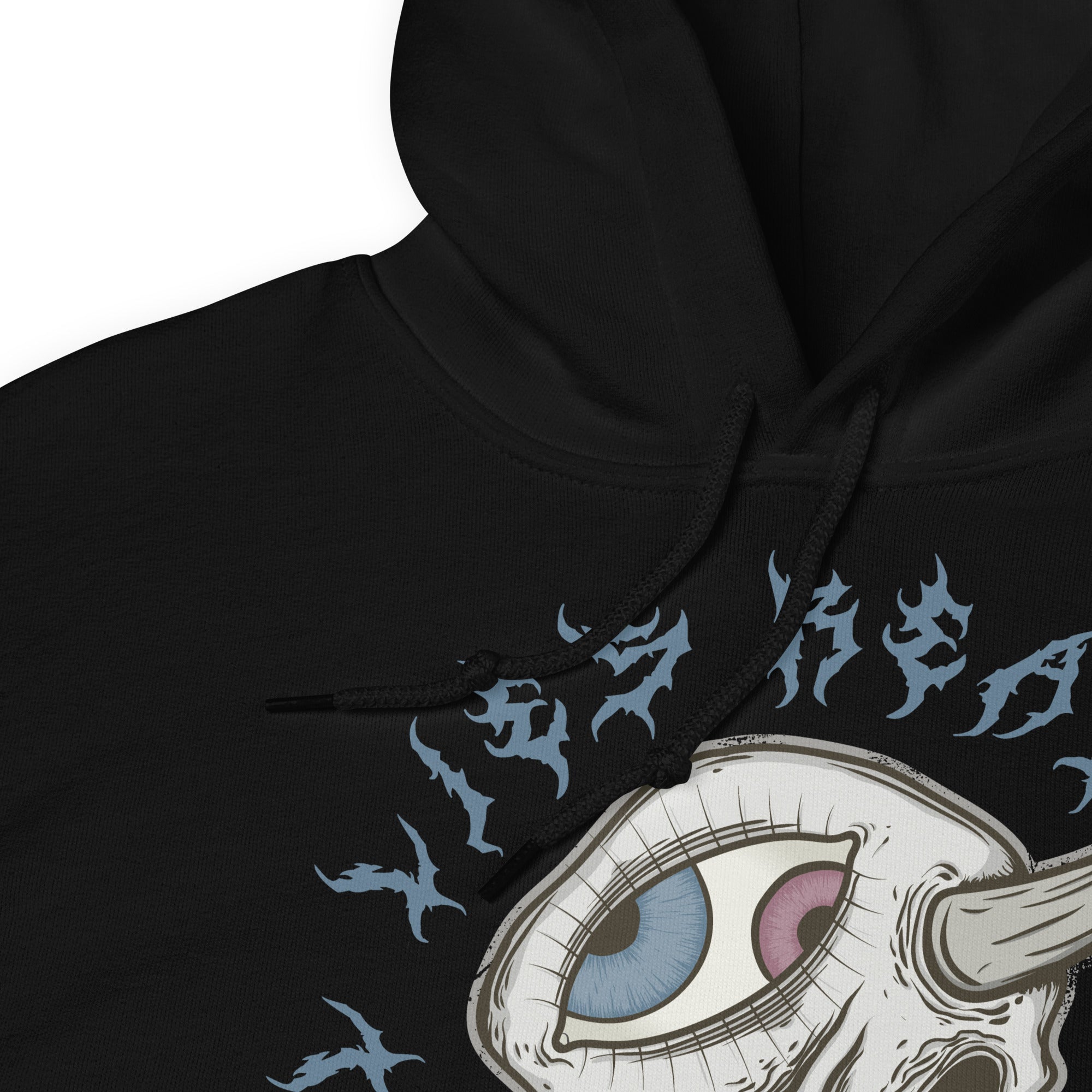Black hoodie with a unique design featuring a skull with an eye and text on a white background
