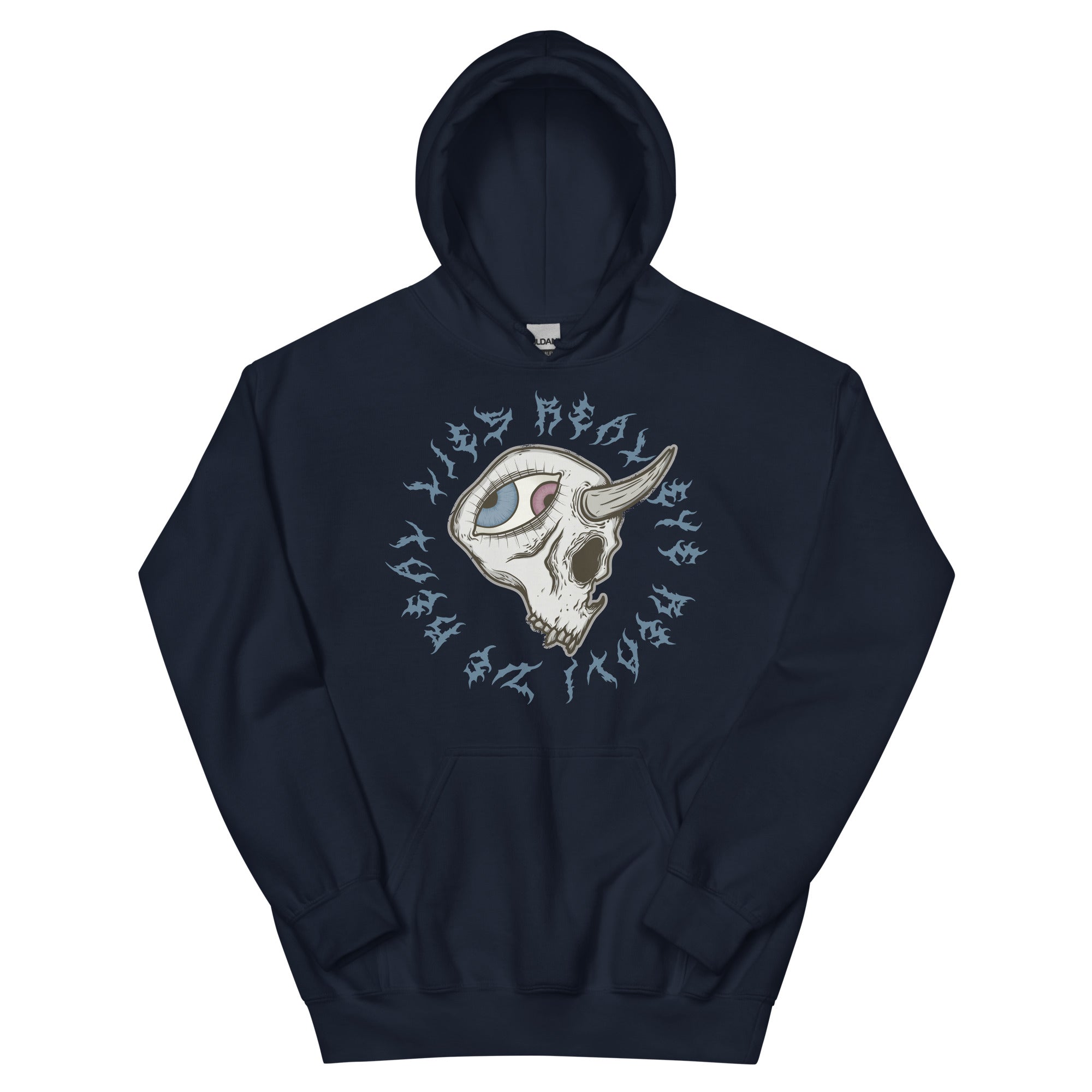 Navy blue hoodie with a graphic design on a white background
