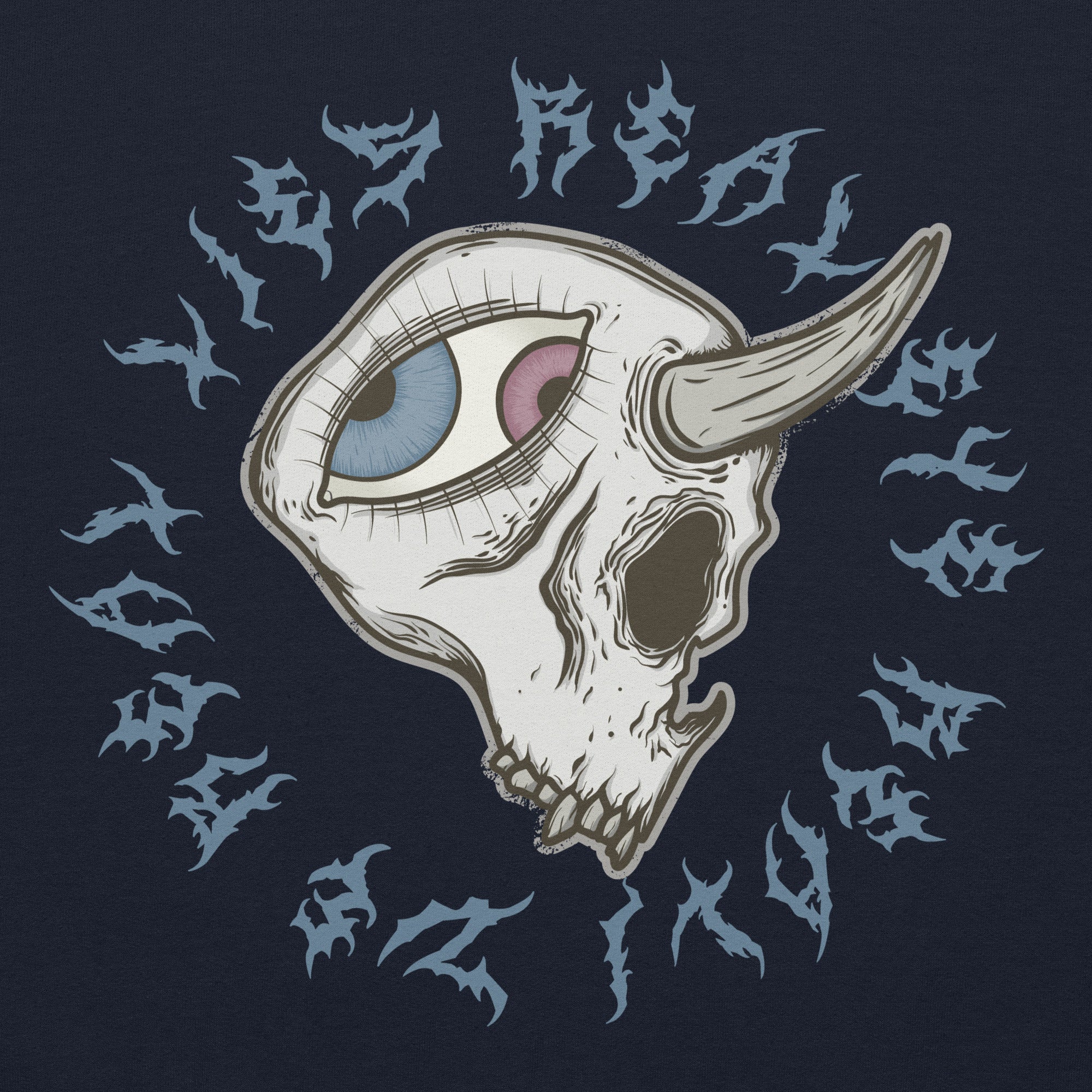 Skull with eye and horn design on a dark background with decorative text saying real eyes realise real lies