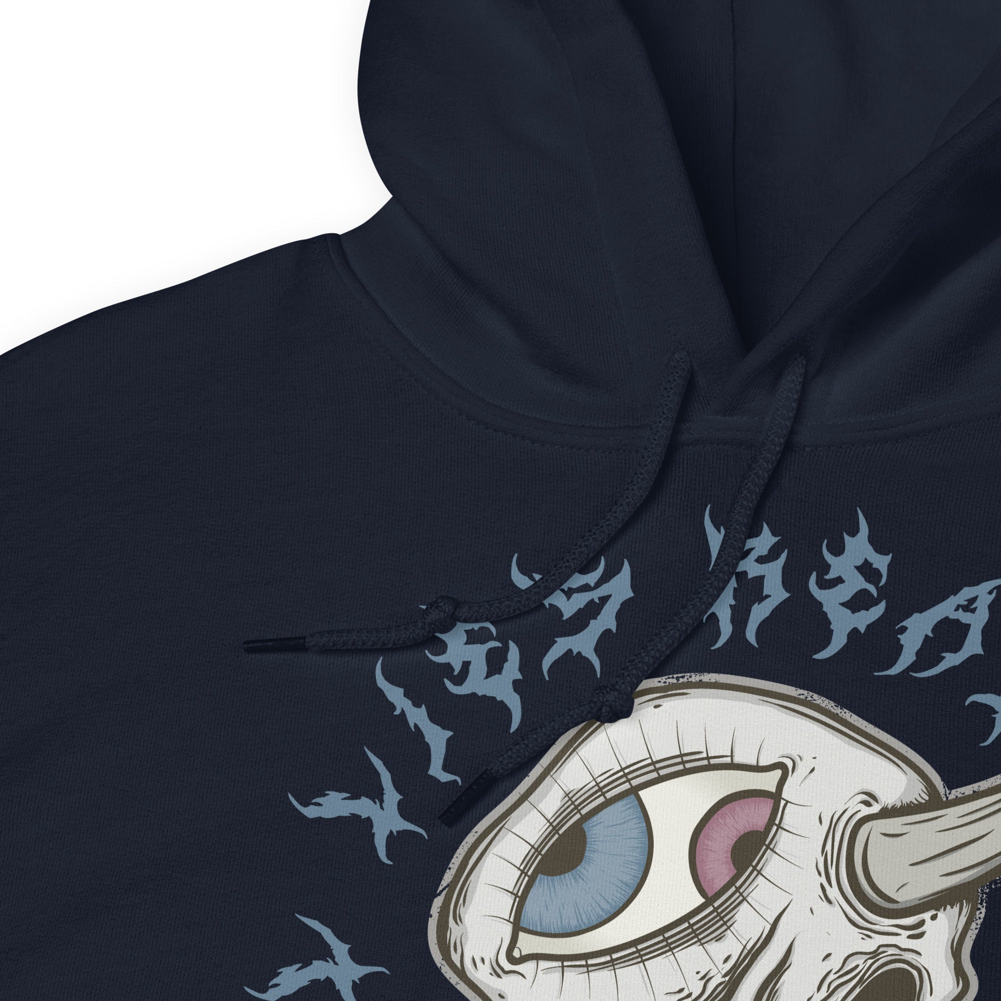 Navy blue hoodie with surreal skull with eye design and text on a white background- edgy tattoo inspired designed hoodie