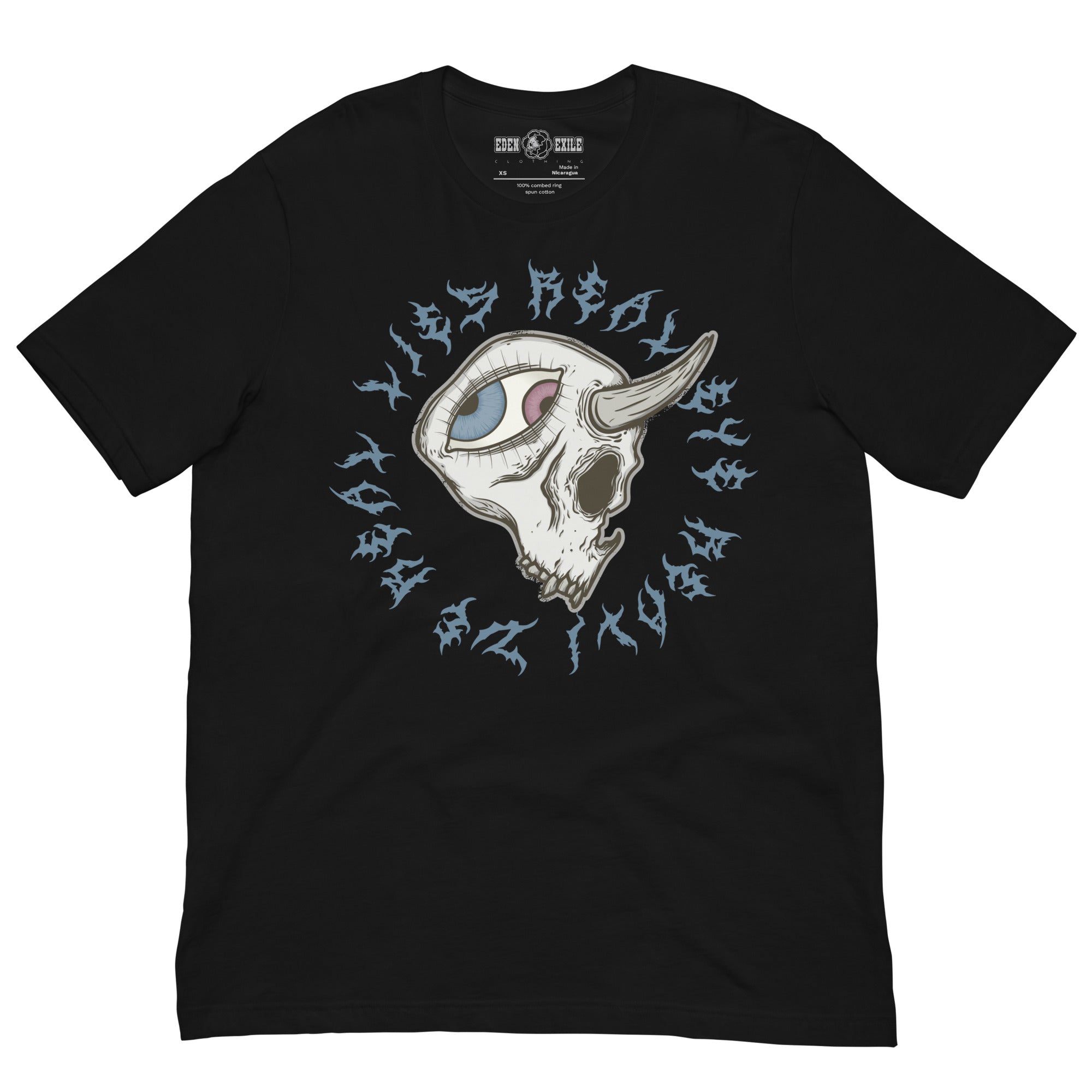 Black t-shirt with a graphic design of a demon skullwith horn and eye 