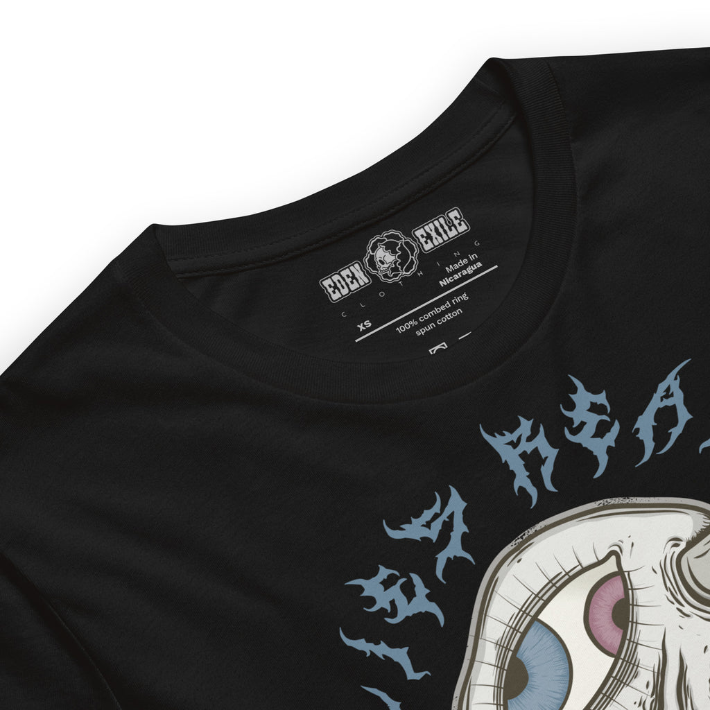 folded Black t-shirt with demonic skull graphic design and "EDEN EXILE CLOTHING" brand label