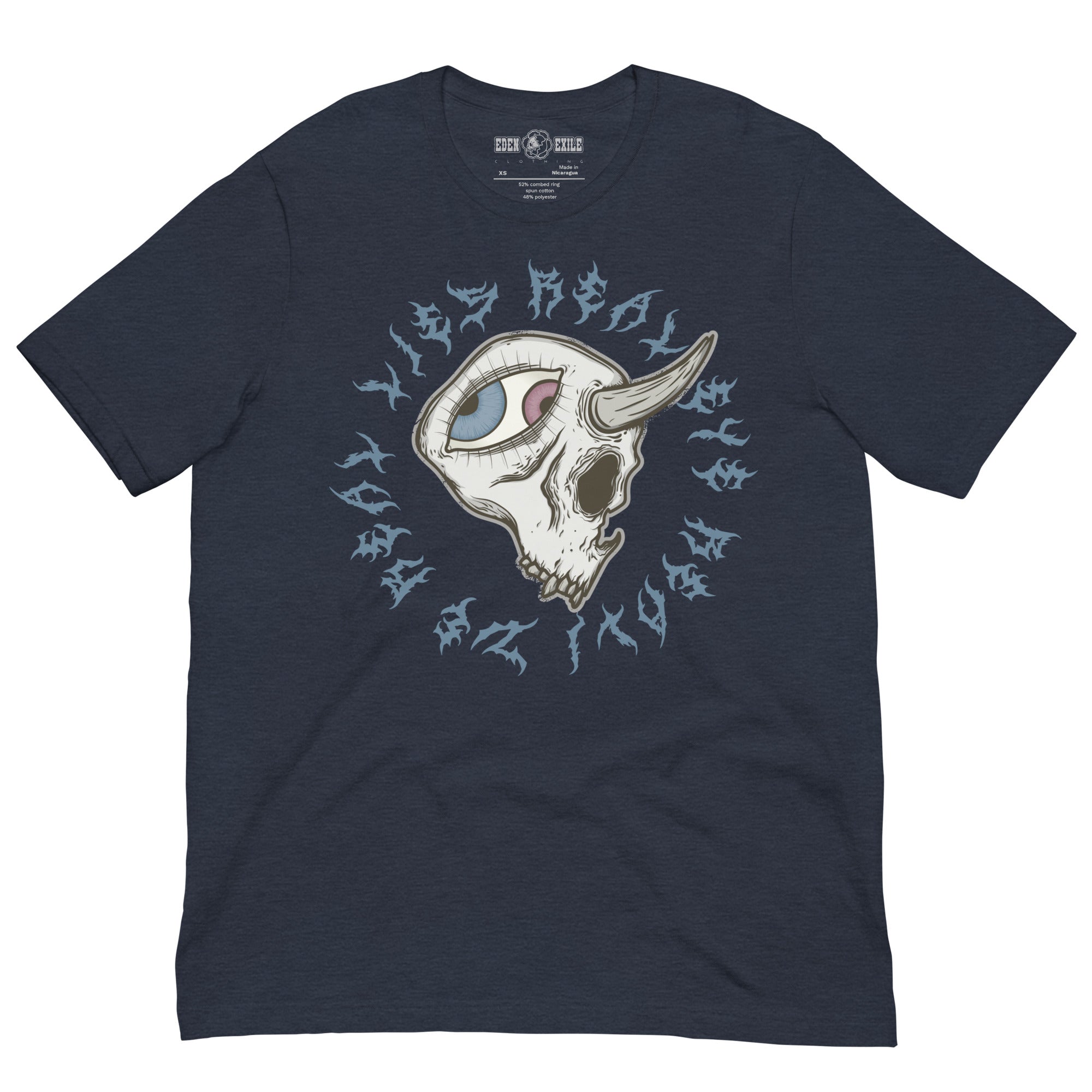 Navy blue t-shirt with a graphic design of demon skull and text on a white background