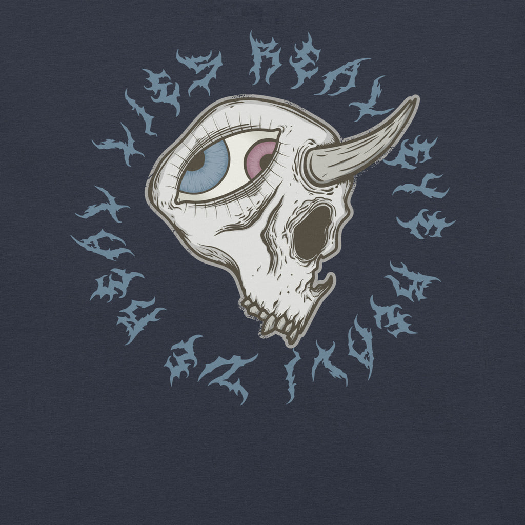 Skull with horns and eyes on a dark blue background