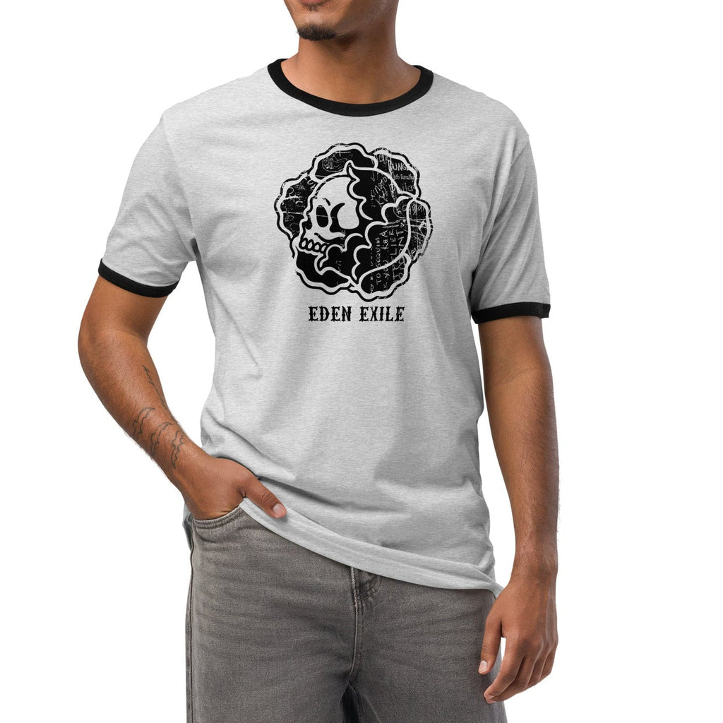 man wearing grey ringer t shirt with front black print of a flower with a skull inside 