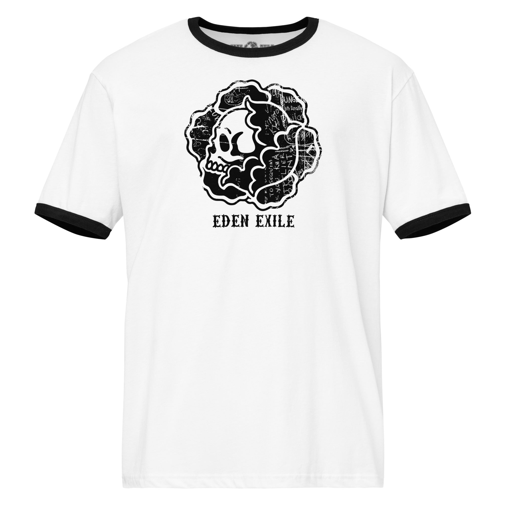 White ringer t shirt with front black print of a flower with a skull inside 