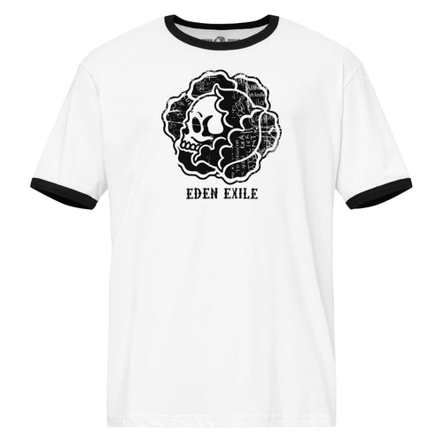 White ringer t shirt with front black print of a flower with a skull inside 