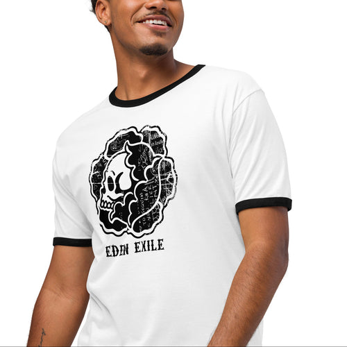 man wearing White ringer t shirt with front black print of a flower with a skull inside 