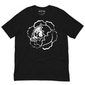 Black crew neck t-shirt with a white stylised version of the brand Logo on front. the logo is a flower with skull inside it.