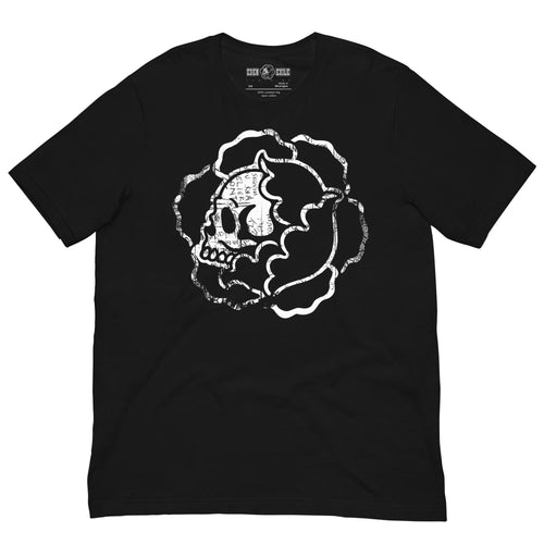 Black crew neck t-shirt with a white stylised version of the brand Logo on front. the logo is a flower with skull inside it.