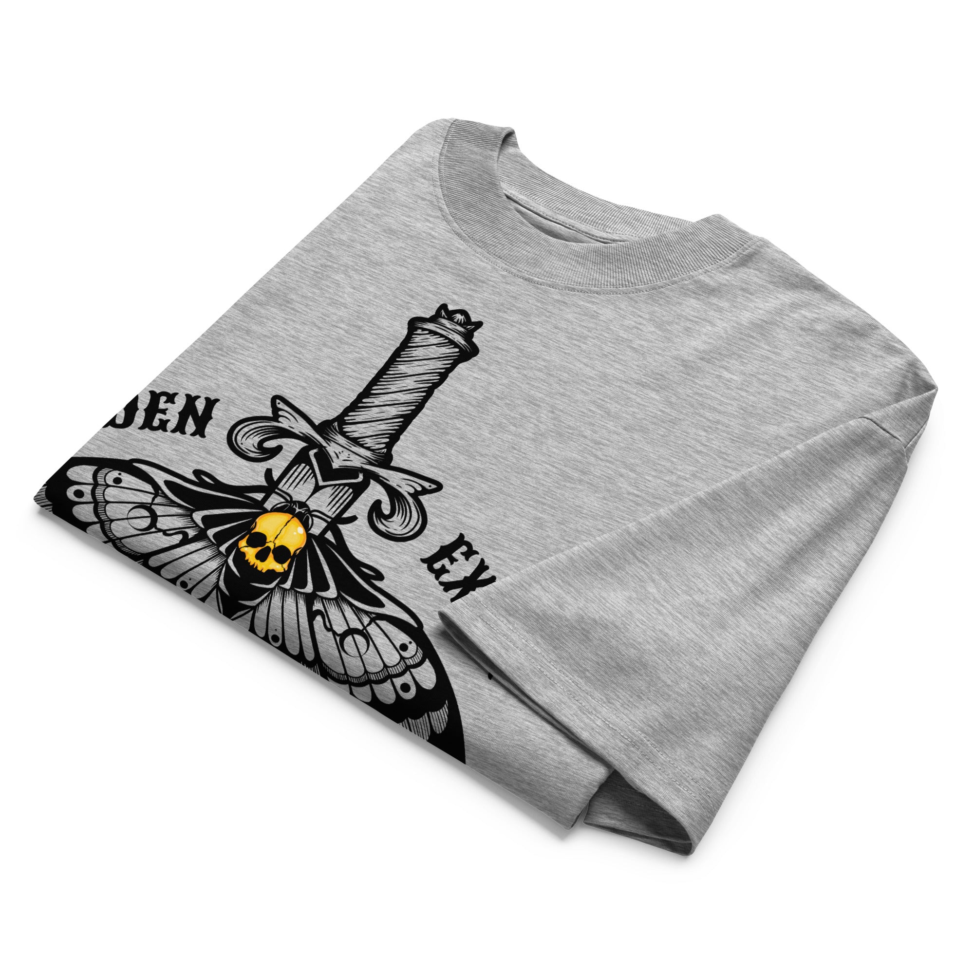Gray t-shirt with black graphic design of a golden headed moth and a traditional knife graphic design on a white background