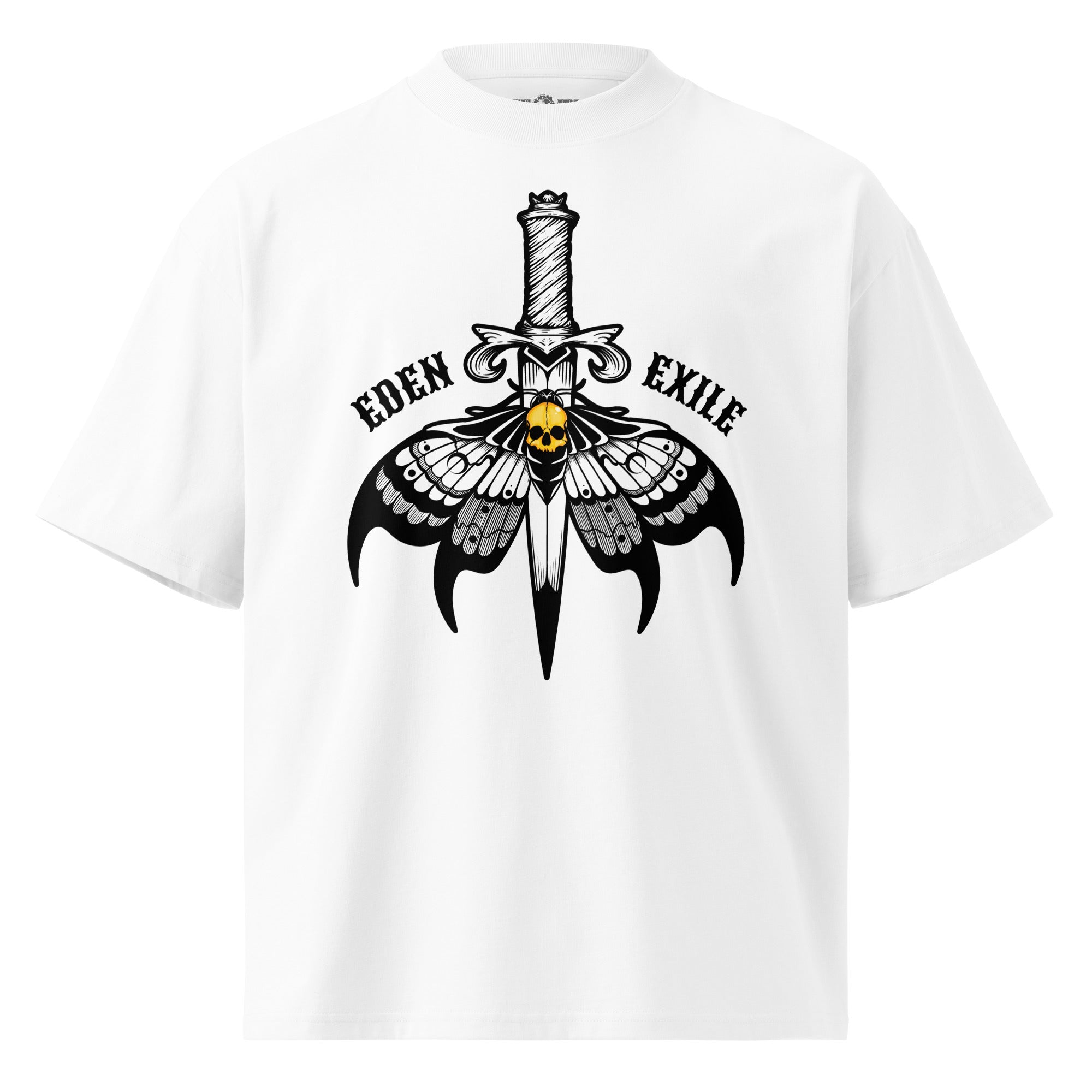 White t-shirt with a black moth with a golden skull on a traditional knife graphic design , with 'Eden Exile' text.