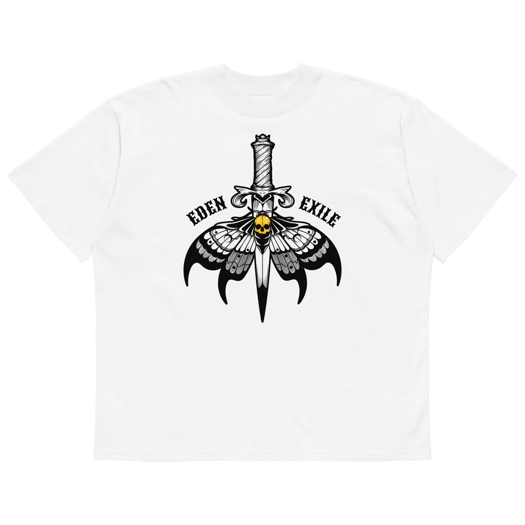 White t-shirt with black graphic design featuring a sword and moth, with 'Eden Exile' text.