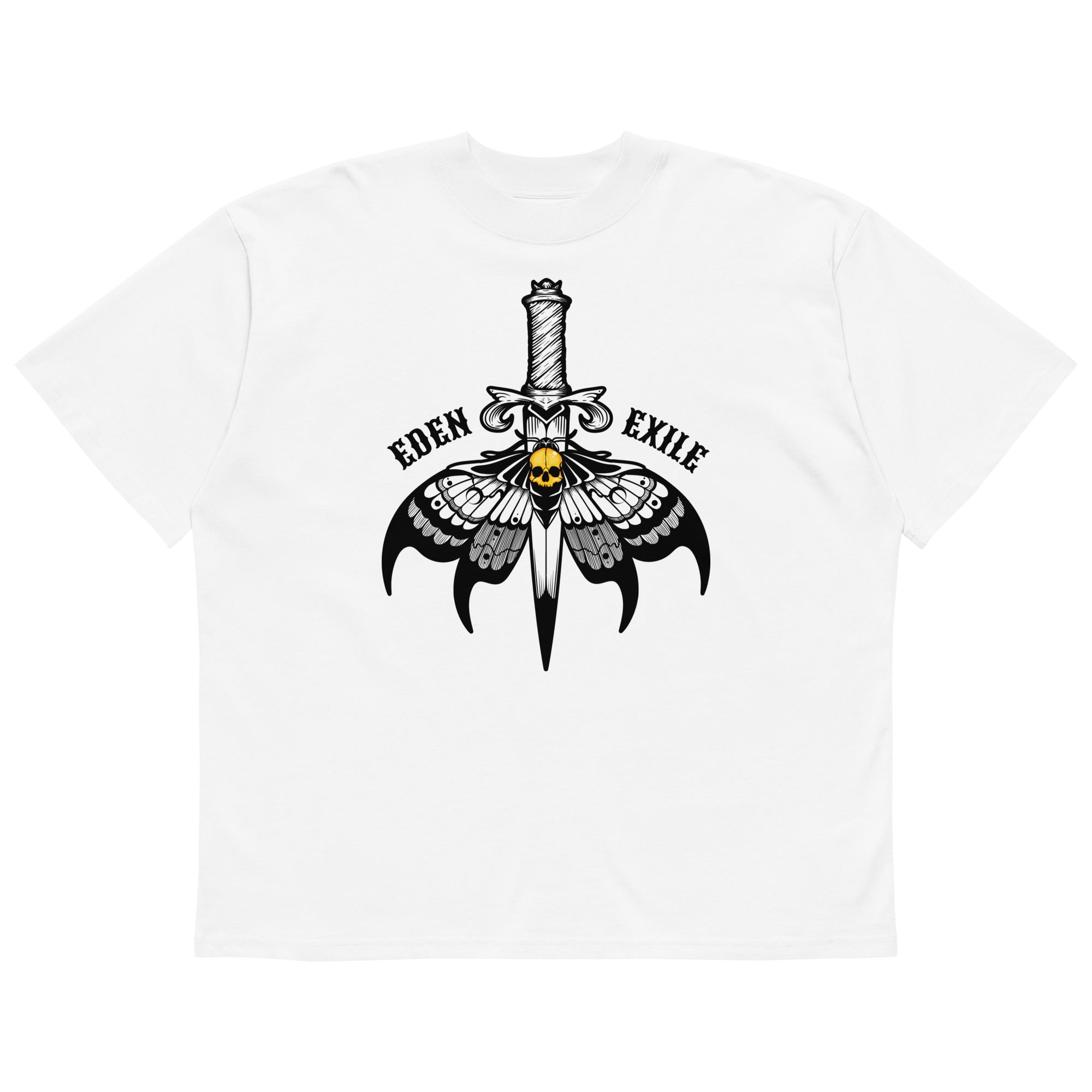 White t-shirt with black graphic design featuring a sword and moth, with 'Eden Exile' text.