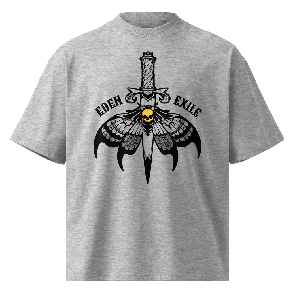 Gray t-shirt with a moth with golden skull and dagger design and 'Eden Exile' text on a white background
