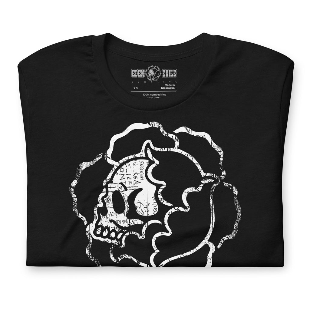 folded Black crew nwck t.shirt with a white stylised version of the brand Logo on front. the logo is a flower with skull inside it, 