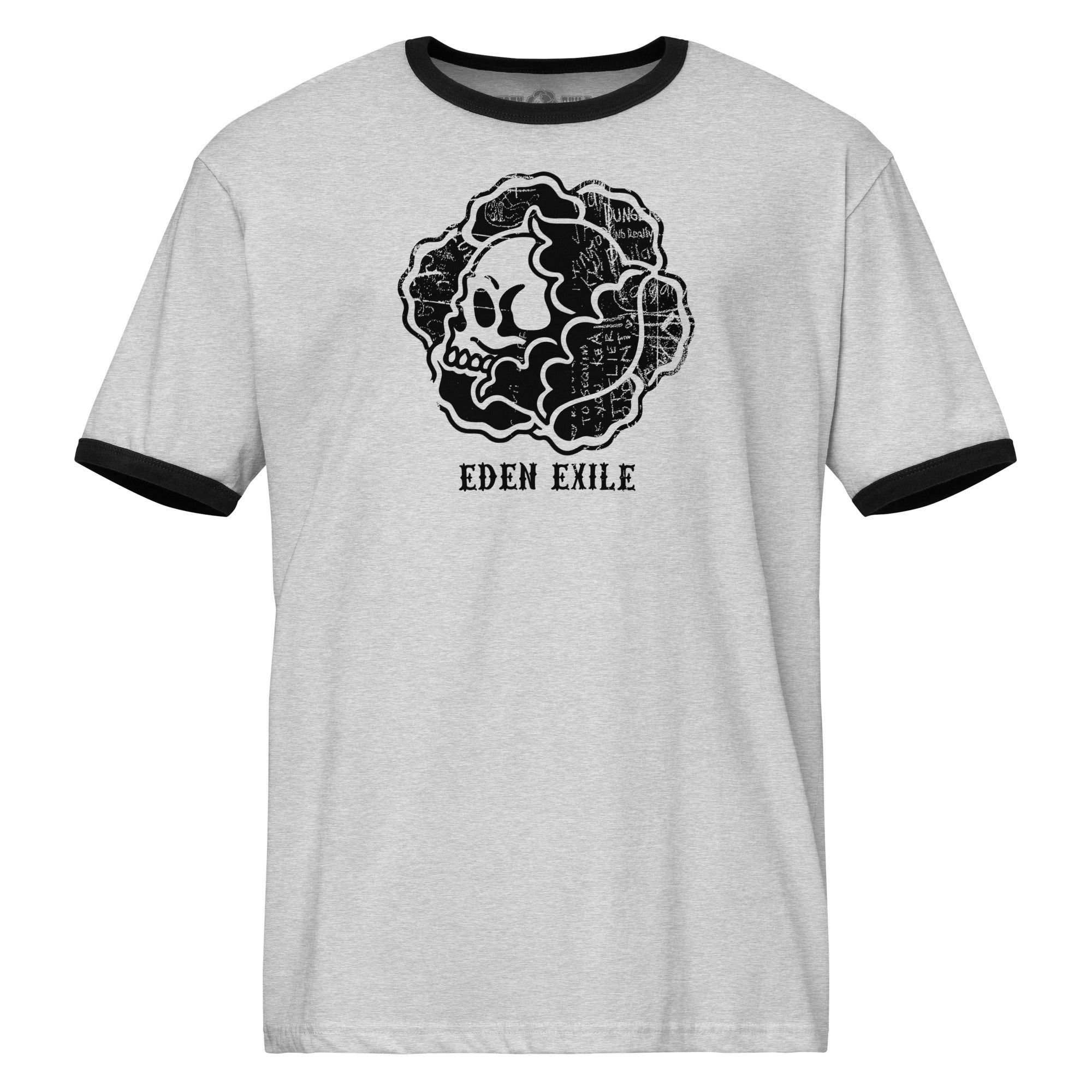 Grey ringer t shirt with front black print of a flower with a skull inside 