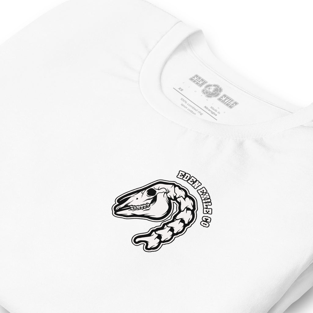 White t-shirt with a HORSE SKELETON graphic and 'EDEN EXILE CO. text