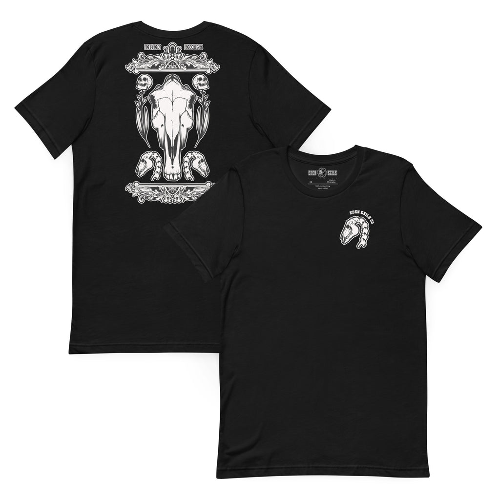 Black t-shirt with dark art comosition of horse skulls and flowers with human skulls for heads, and detailed beautiful europian wood carving style decore.