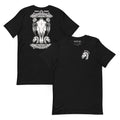 Black t-shirt with dark art comosition of horse skulls and flowers with human skulls for heads, and detailed beautiful europian wood carving style decore.