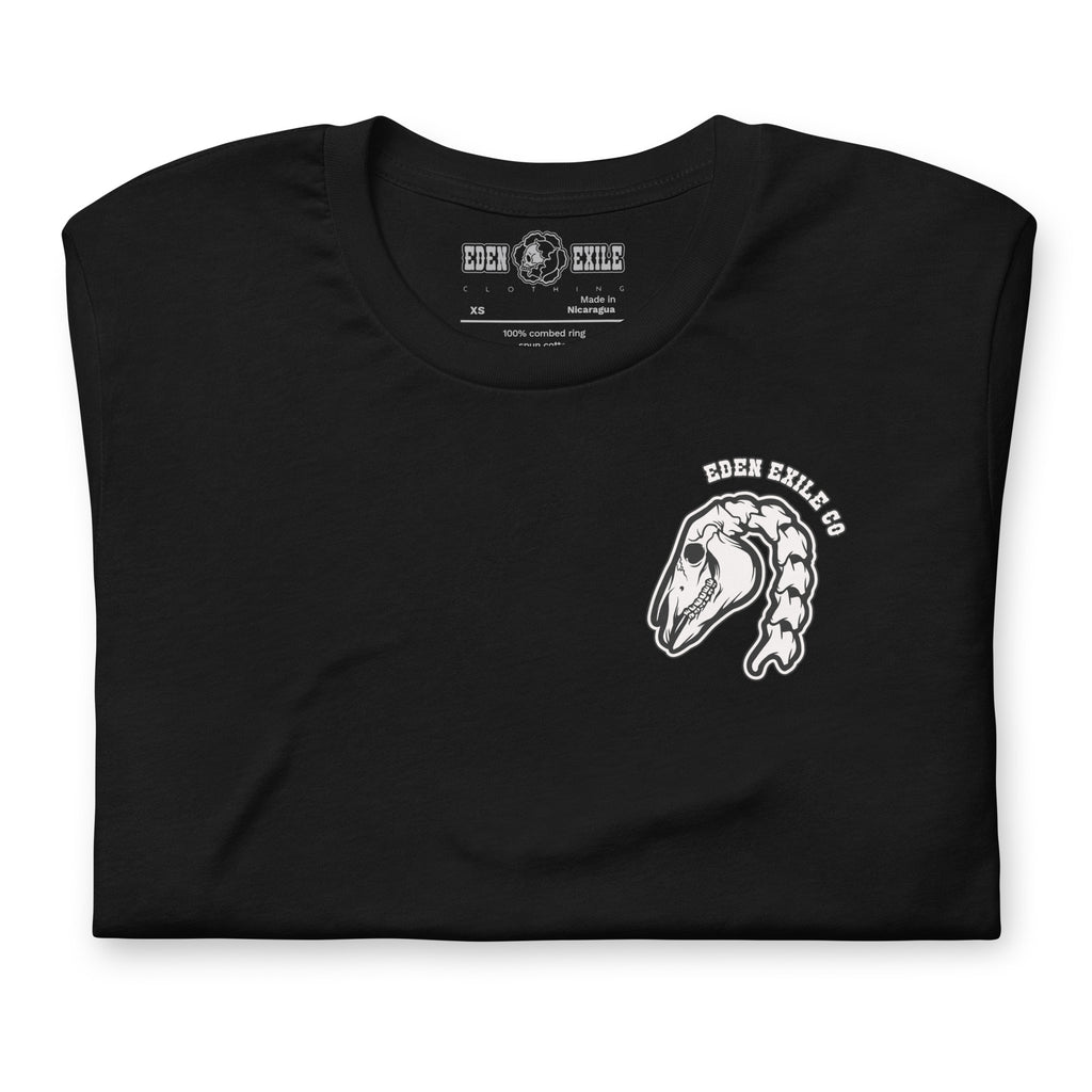 Black t-shirt with 'EDEN EXILE CO' text and horse skeleton art