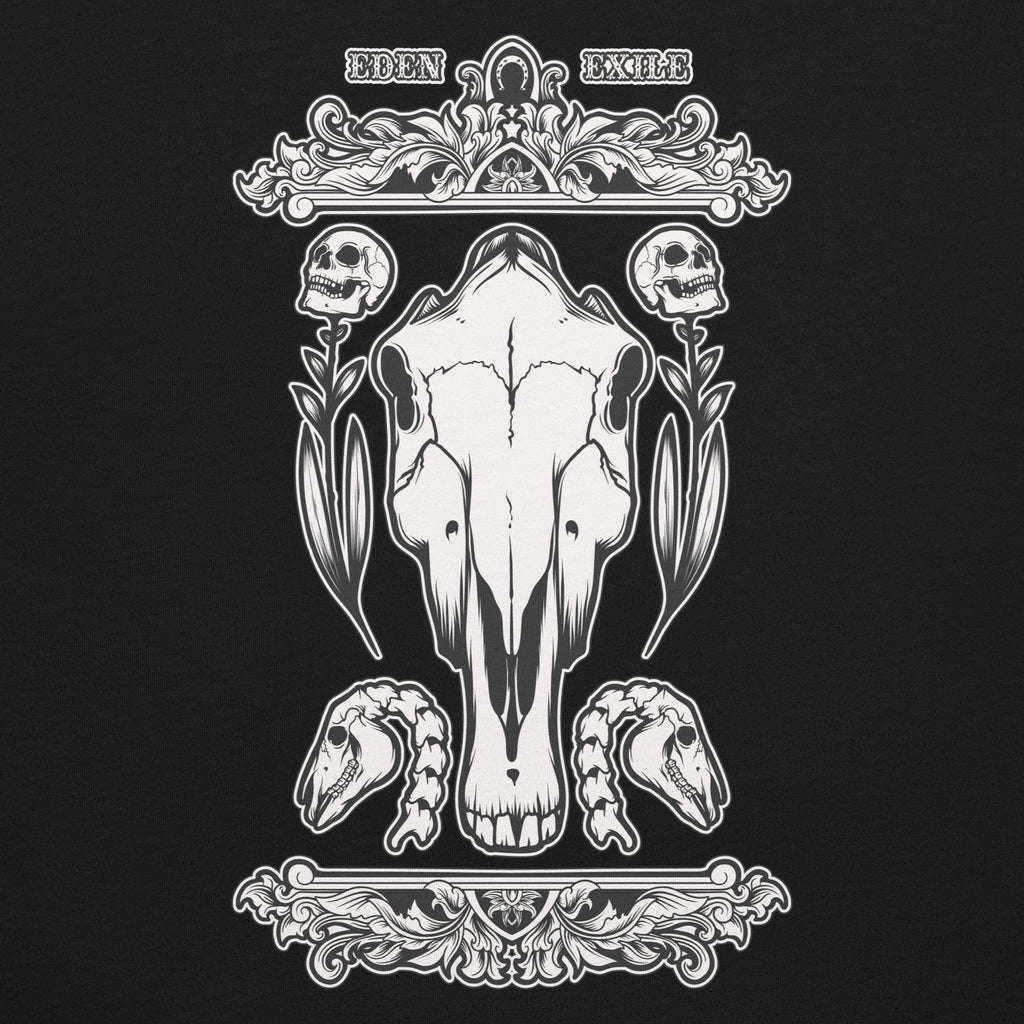 Decorative hand drawn illustration of a horse skull, floral elements, human skulls as flowers  and horse subtle horse shoe 