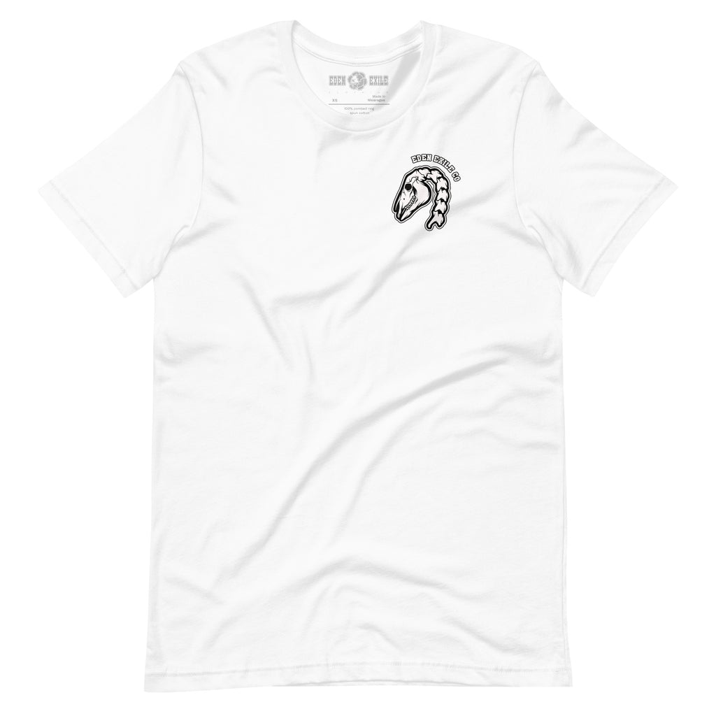 White t-shirt with a horse skeleton in tattoo art style  and text.
