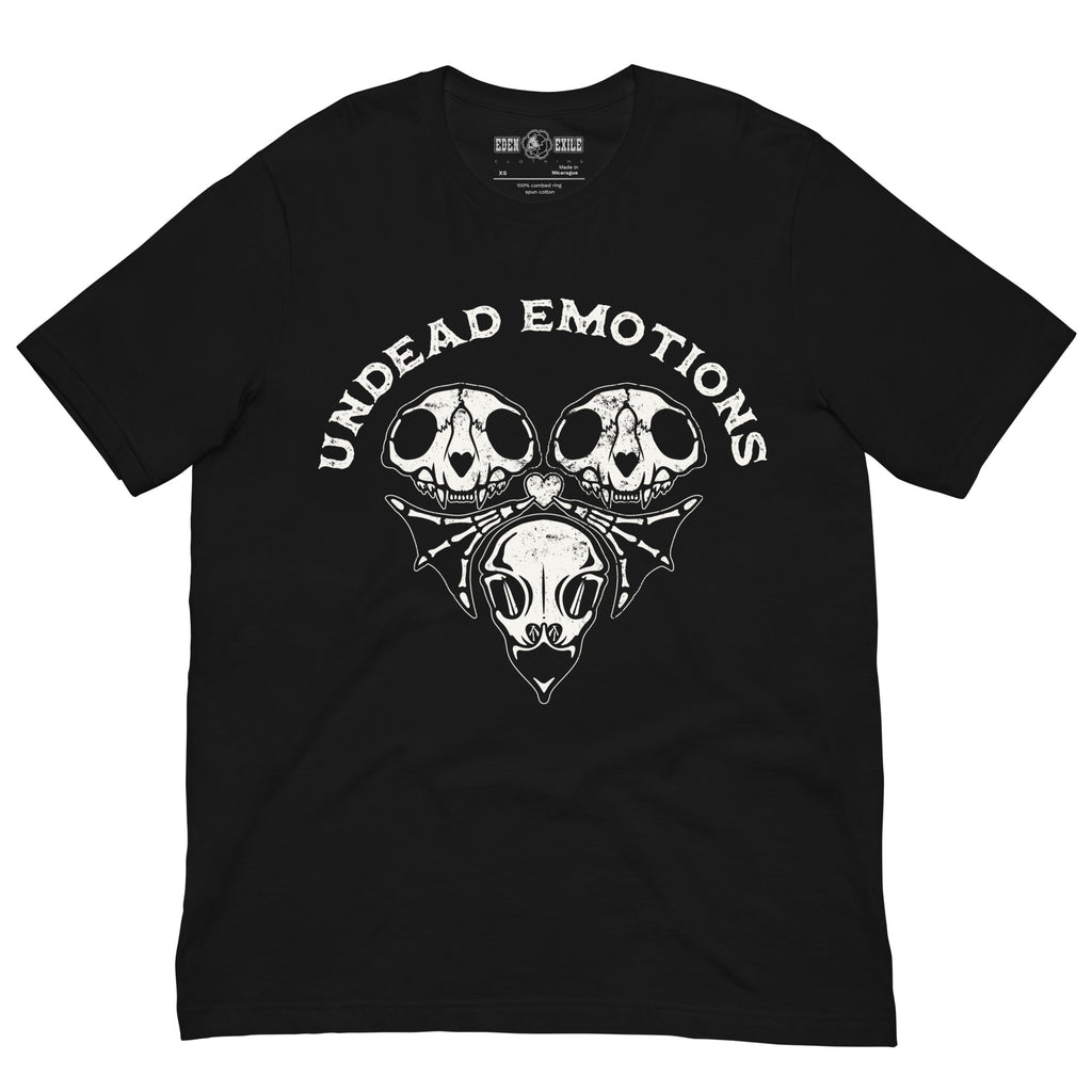 Black t-shirt with 'Undead Emotions' graphic design of heart made of  skulls and bat wings 