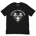 Black t-shirt with 'Undead Emotions' graphic design of heart made of  skulls and bat wings 