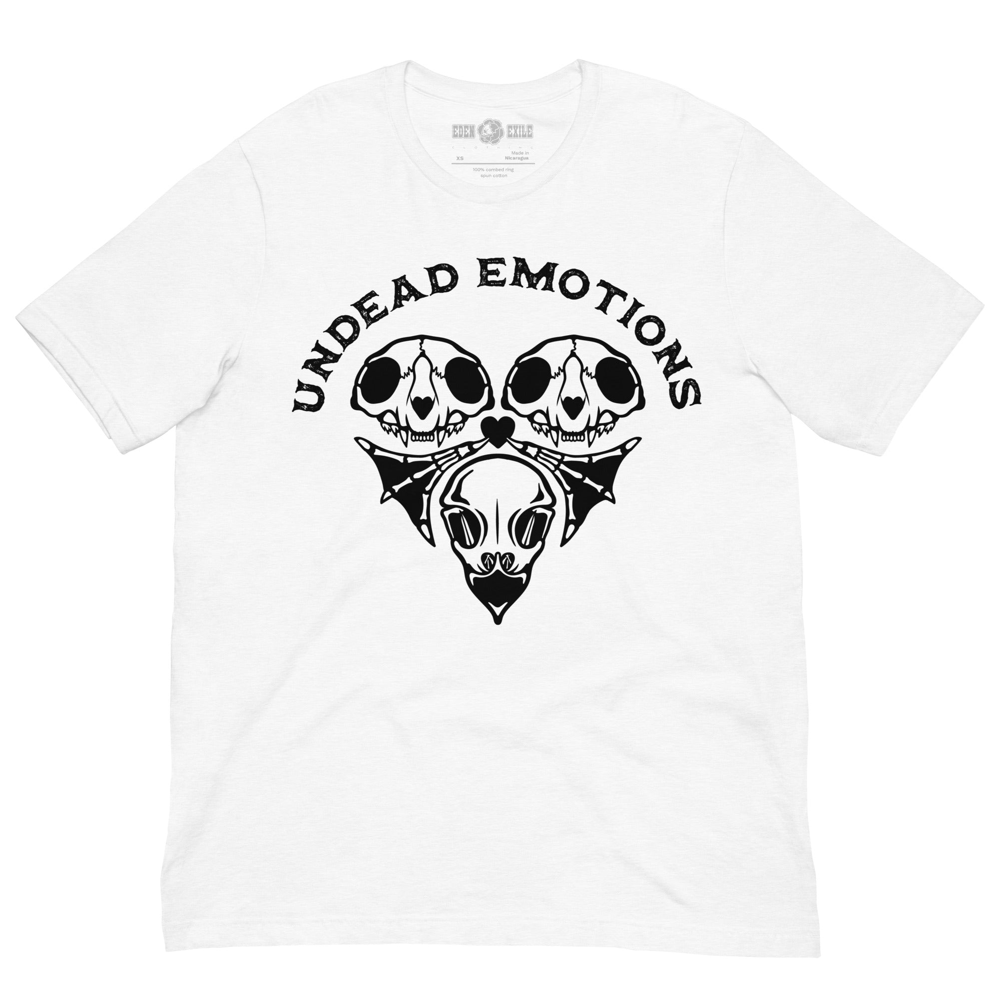 White t-shirt with black heart made of cat skulls and a bird skull as a edgy design and 'Undead Emotions' text on a white background