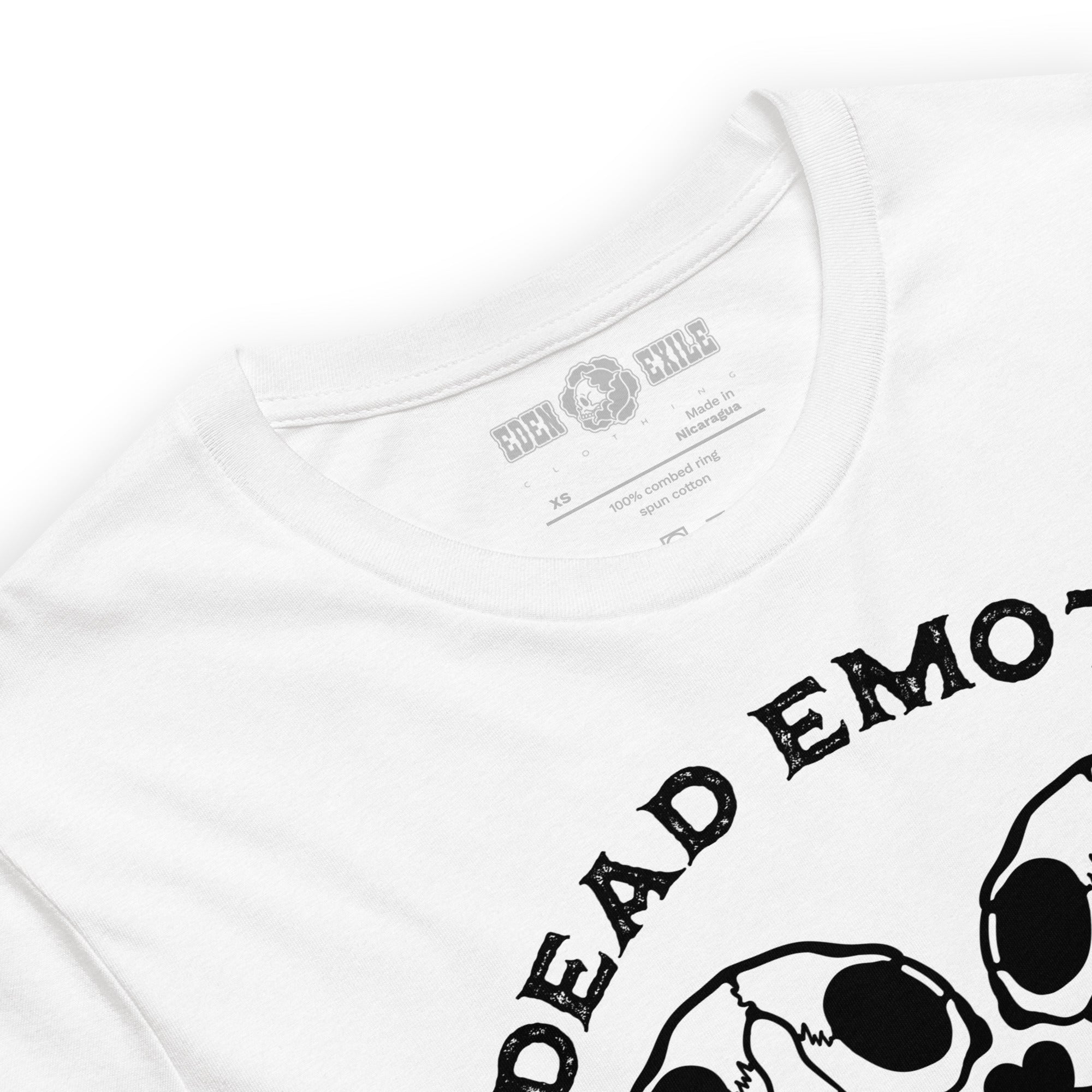 White t-shirt with 'undead smotions' text and art and EDEN EXILE CLOTHING brand label on the inside