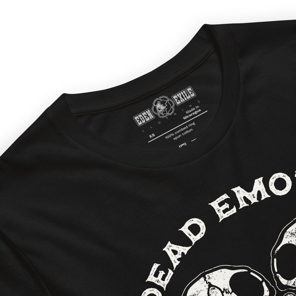Black t-shirt with 'undead emotions' design and brand label "EDEN_EXILE_tattoo-CLOTHING"on a white background