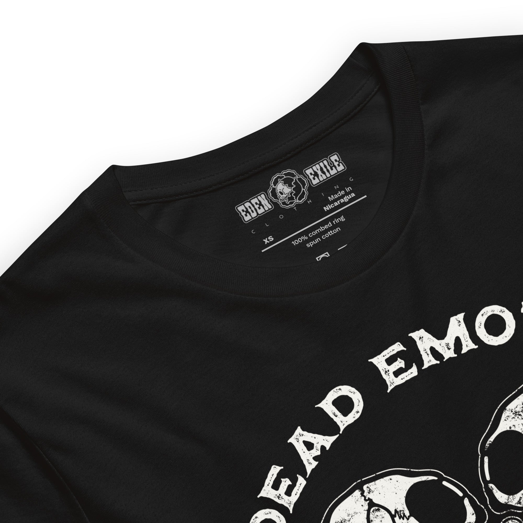 Black t-shirt with 'undead emotions' design and brand label "EDEN_EXILE_tattoo-CLOTHING"on a white background