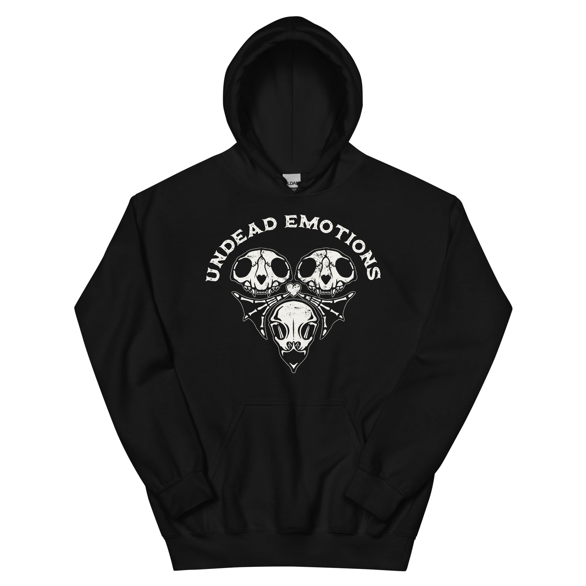 Black hoodie with 'Undead Emotions' design on a white background