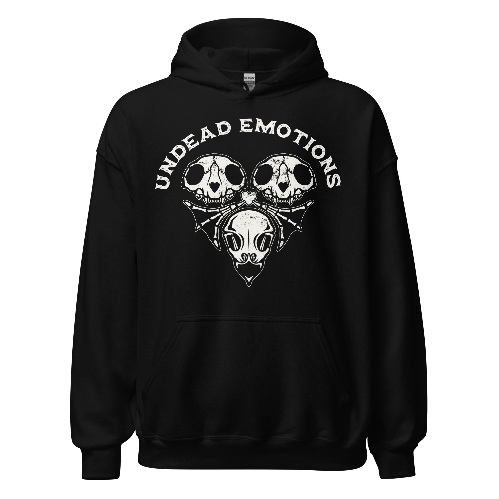 Black hoodie with 'Undead Emotions' written above a tatto design of a heart made of skulls and bat wings on a white background