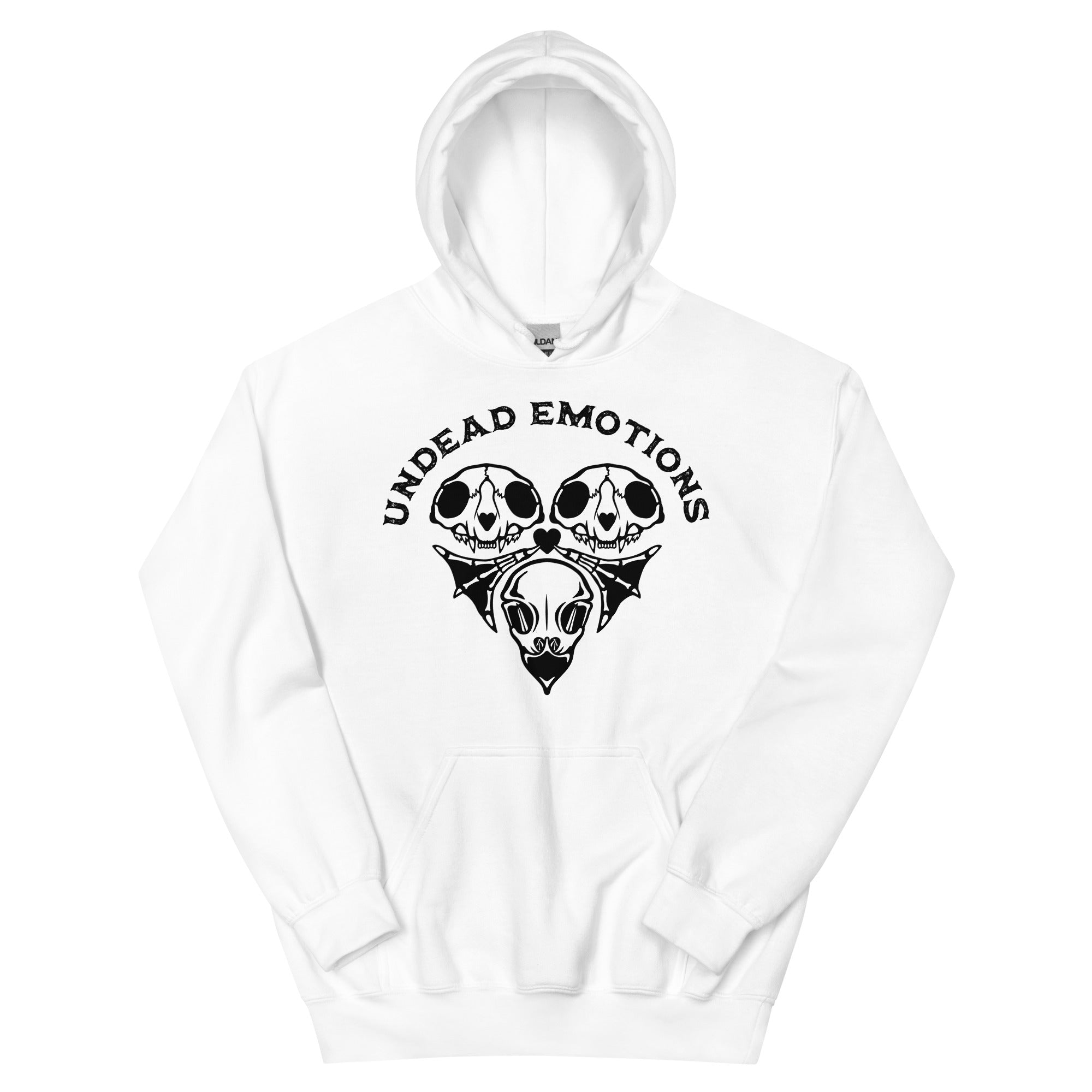 White hoodie with 'Undead Emotions' design on a white background