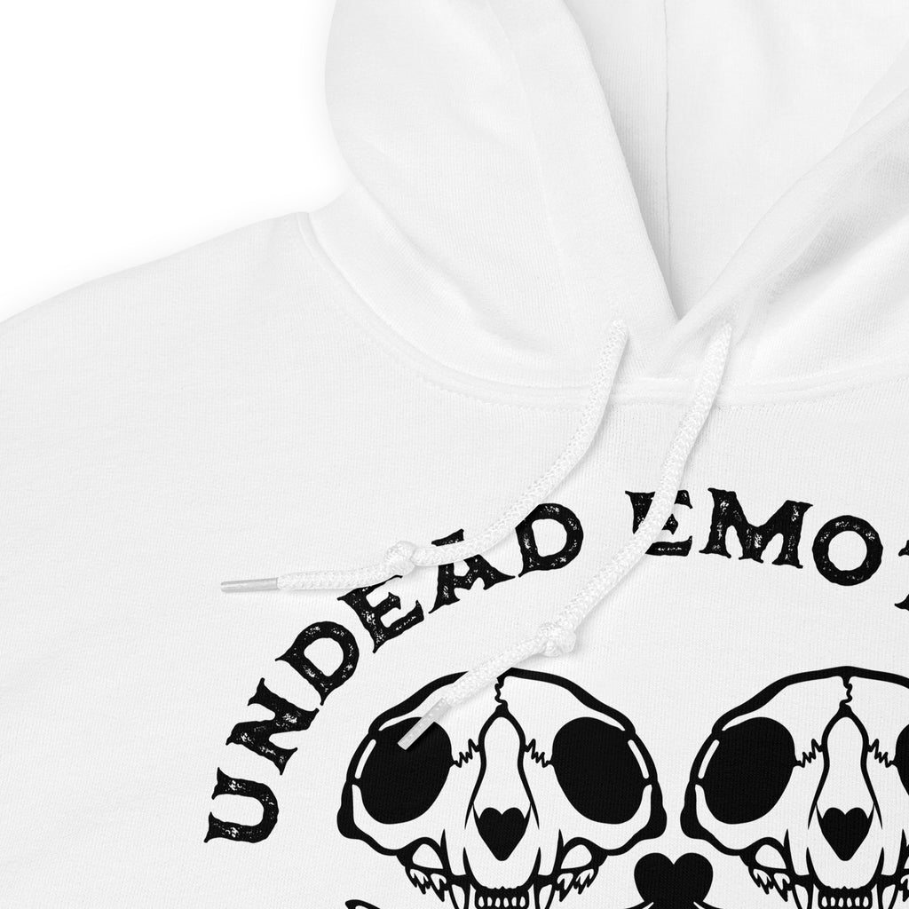 White hoodie with black 'UNDead EMOtions' text andheart of skulls design on a white background