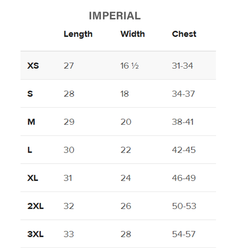 size chart for hoodies-black text on white background-eden exile clothing