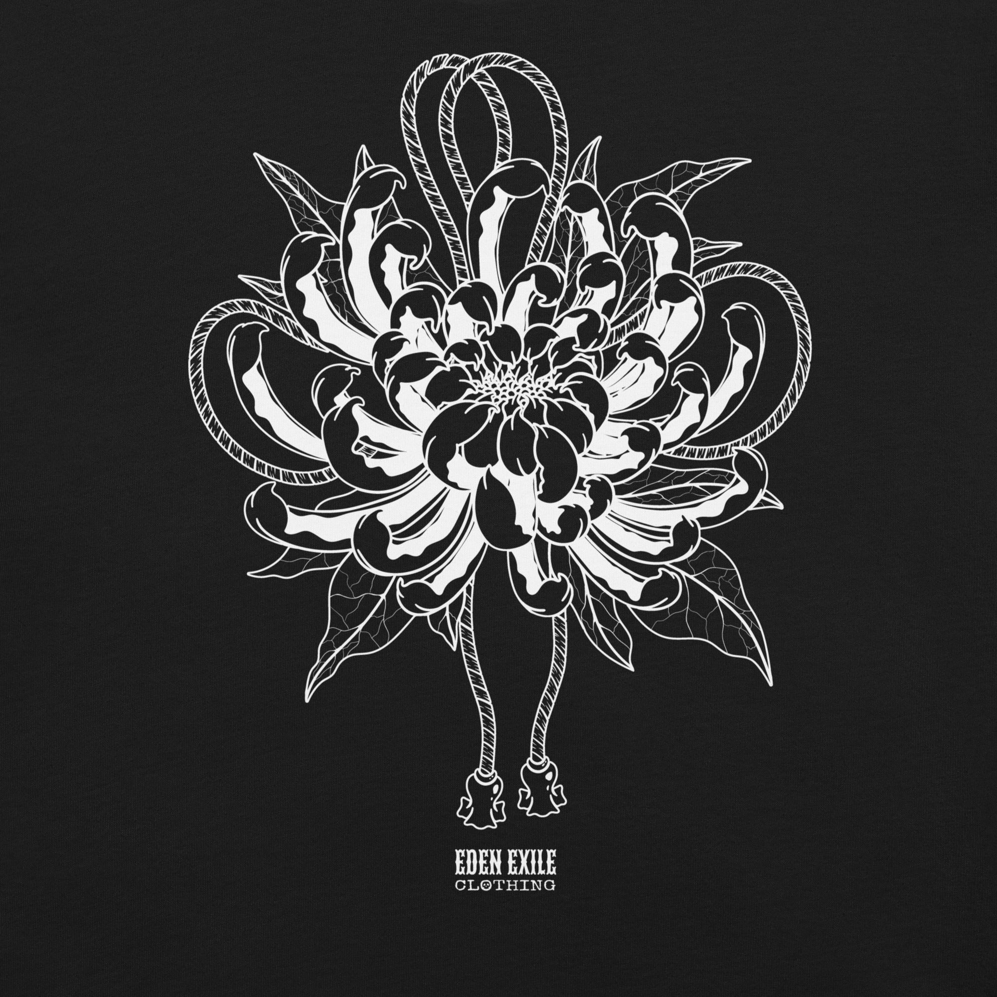 Black and white floral design with 'Eden Exile clothing' branding 