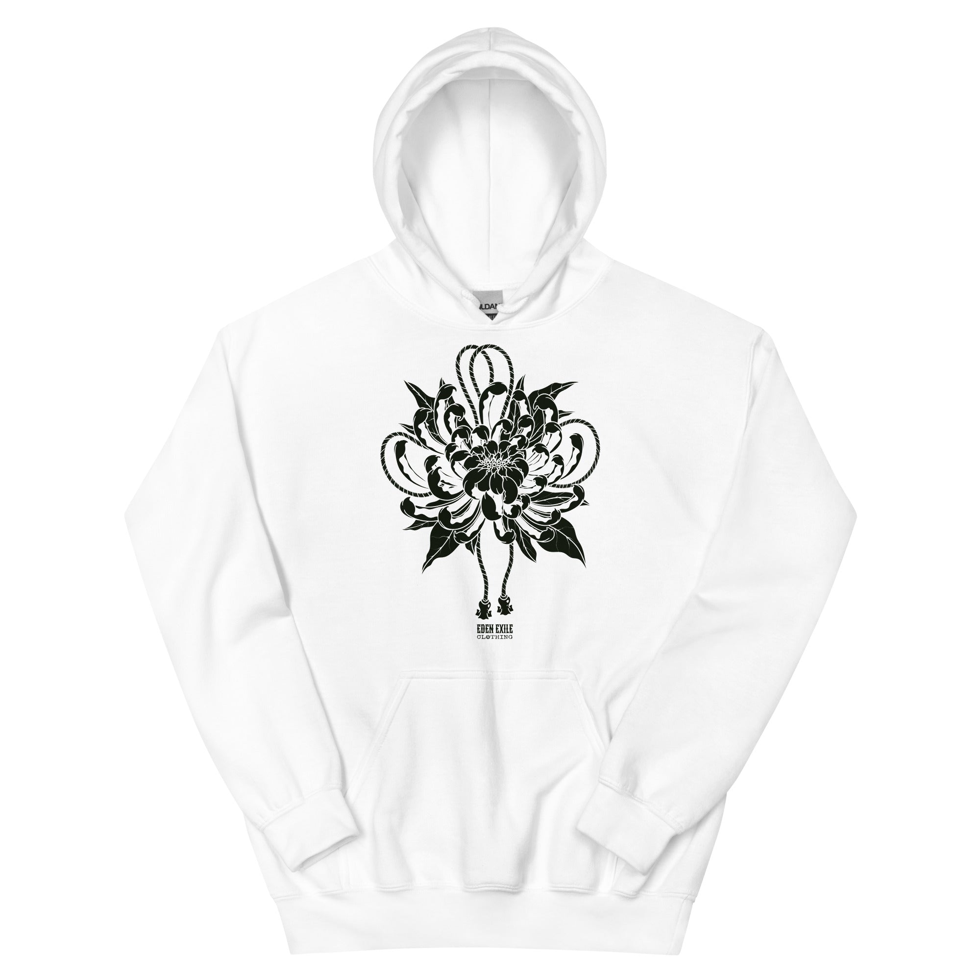 White hoodie with blackchrysanthemum flower design on a white background