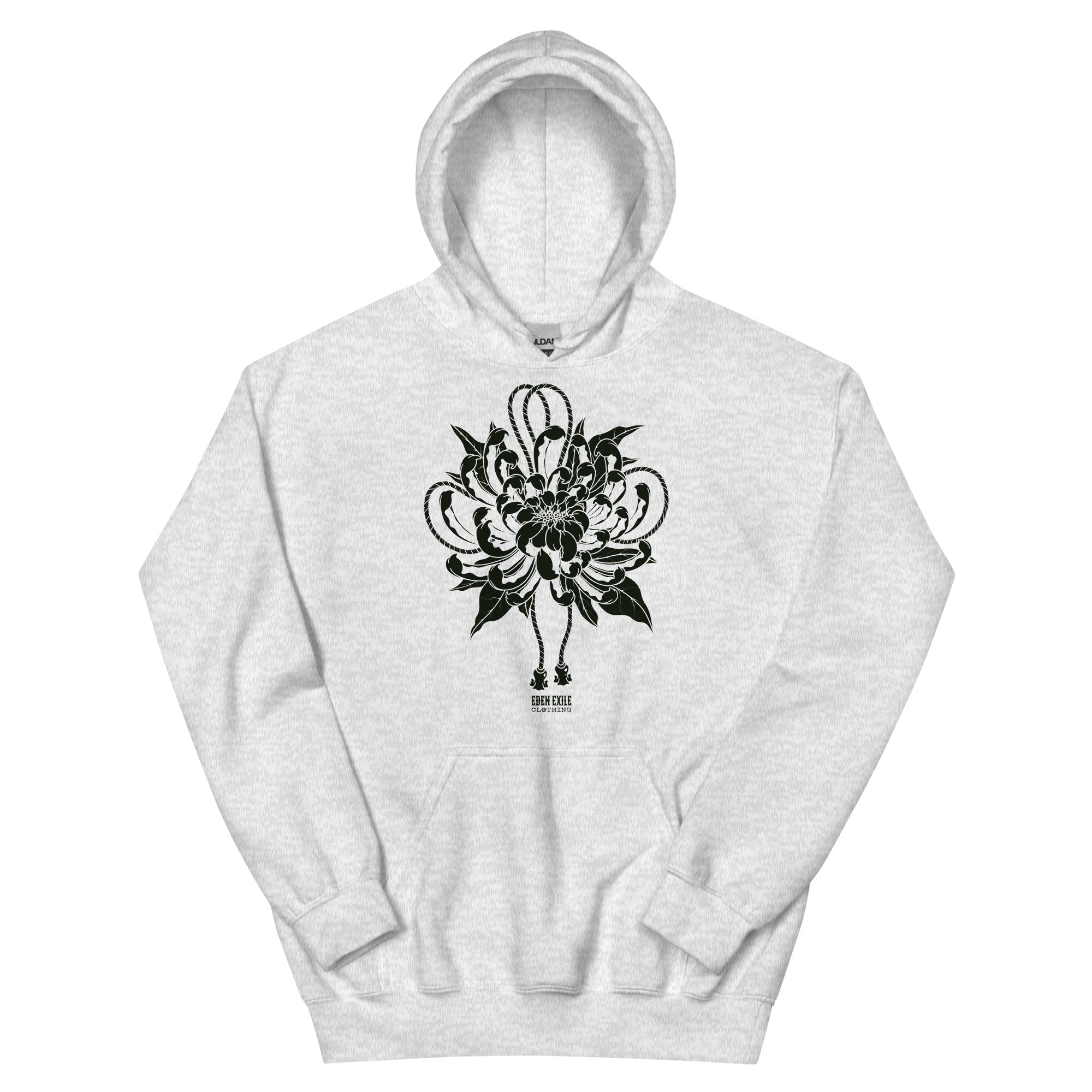 Gray hoodie with a black tattoo style floral design on a white background