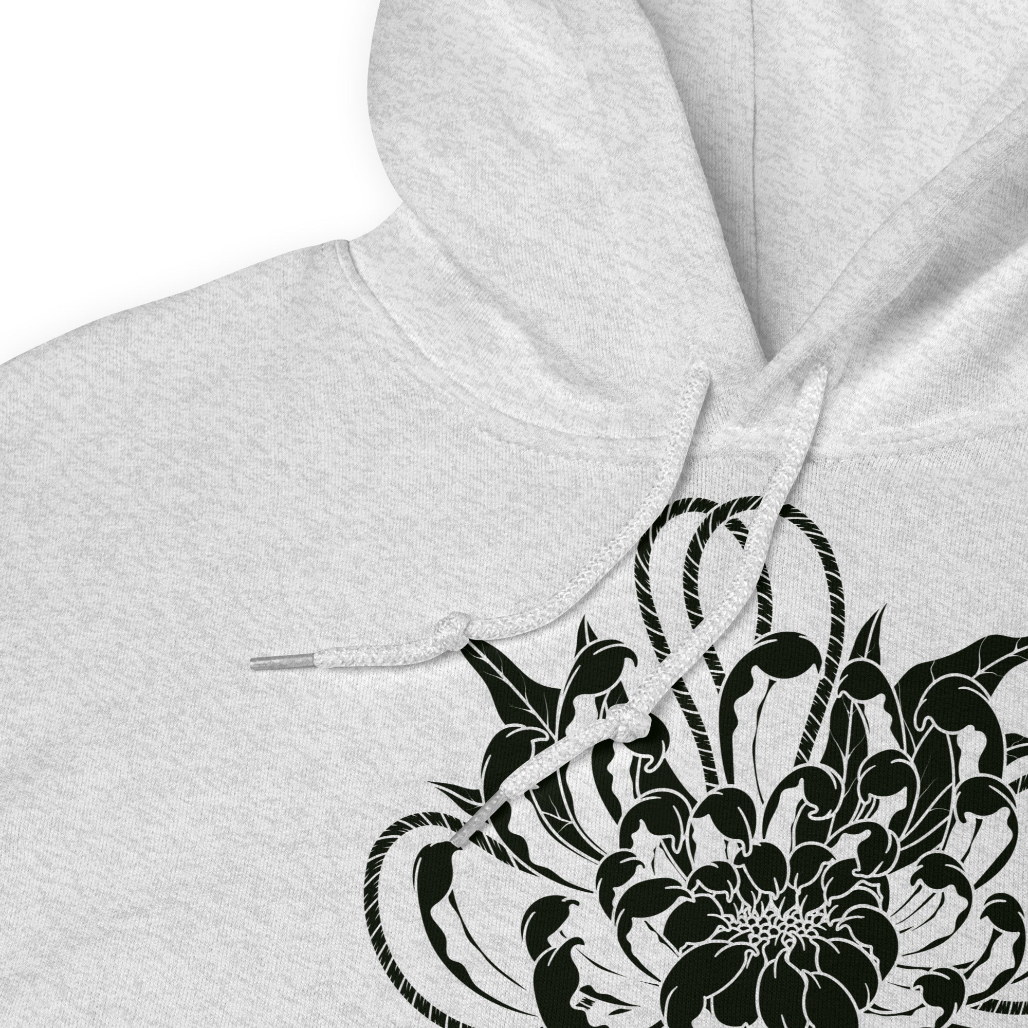 Gray hoodie with black tattoo style chrysanthemum flower 
design on a white background
