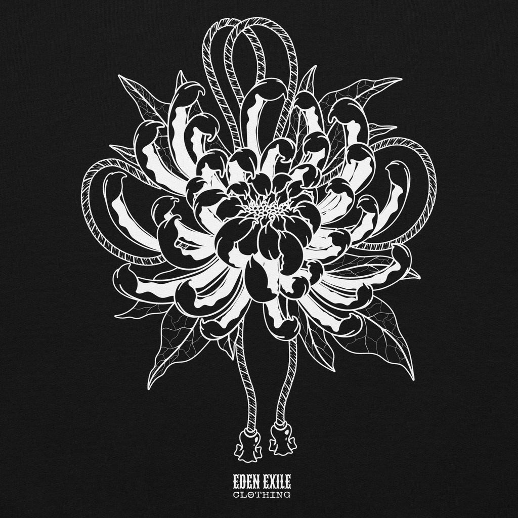 Black and whitechrysanthemum tattoo style floral design with 'Eden Exile Clothing' logo on a black background
