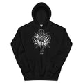 Black hoodie with white chrysanthemum floral design on a white background