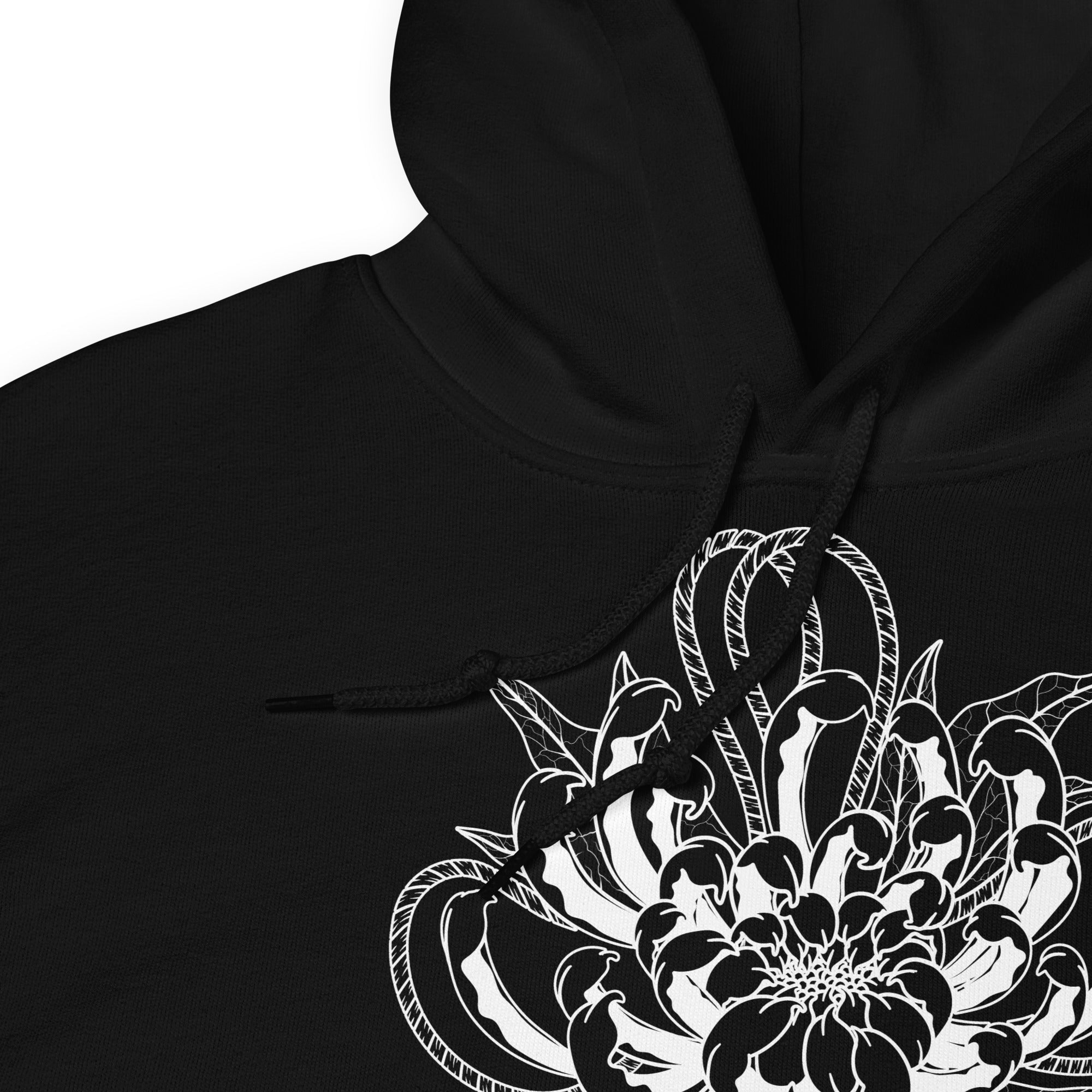 Black hoodie with white intercate Chrysanthemum floral design on a white background
