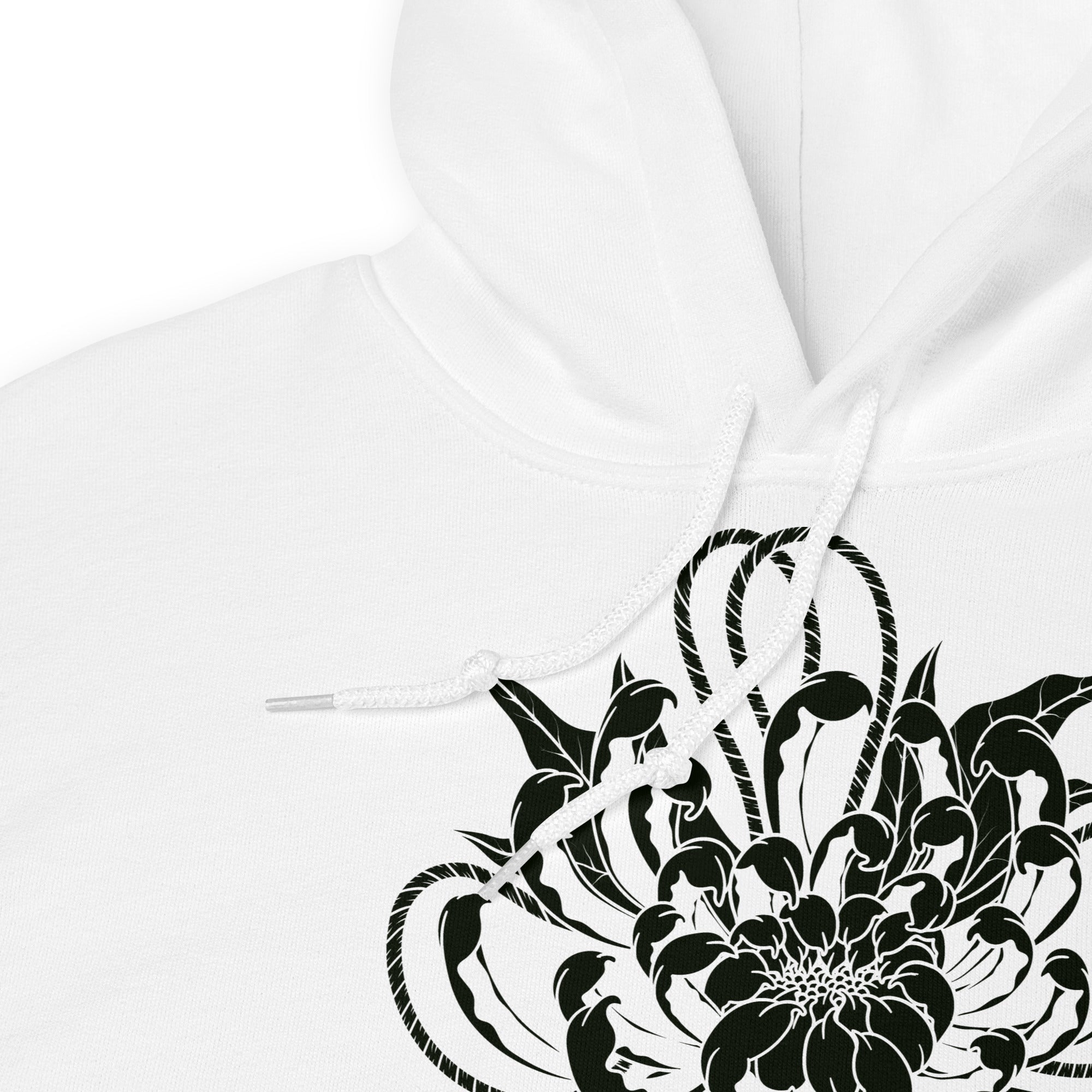 White hoodie with black chrysanthemum flower design in  tattoo style on a white background