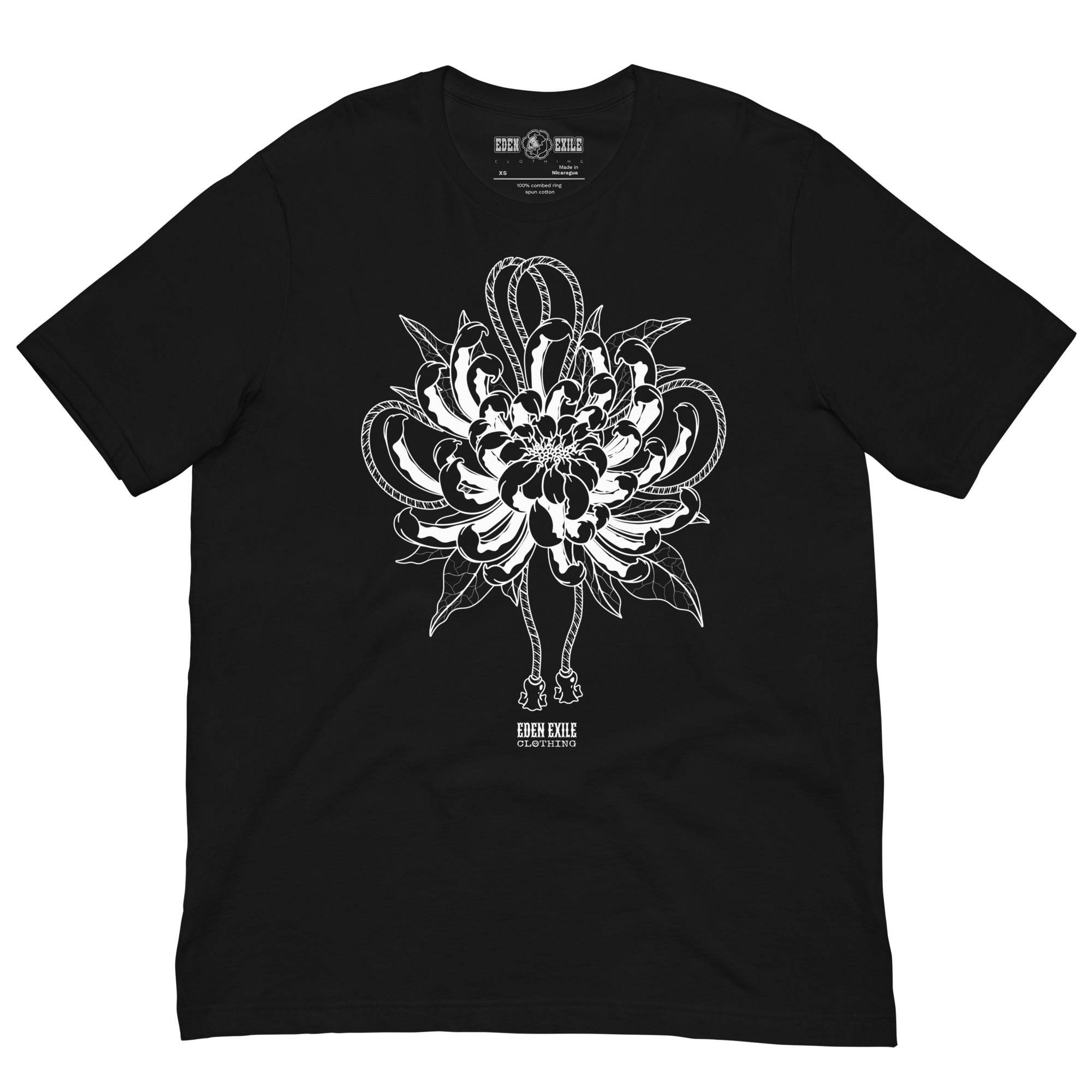 Black t-shirt with a white floral design on a white background