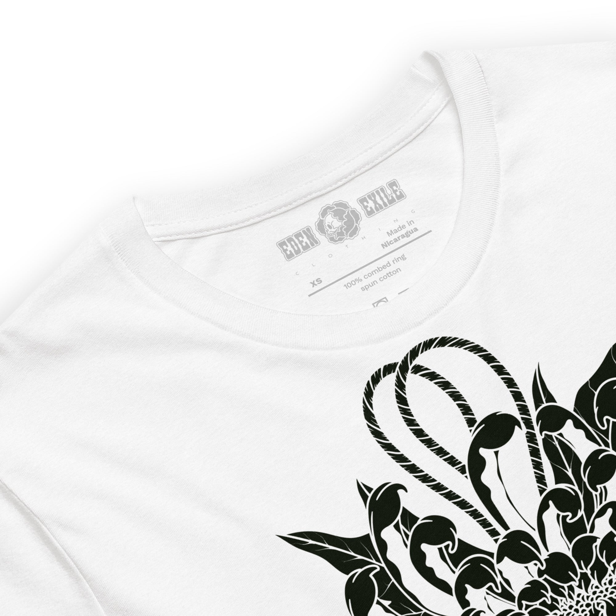 White t-shirt with black floral design and brand label 