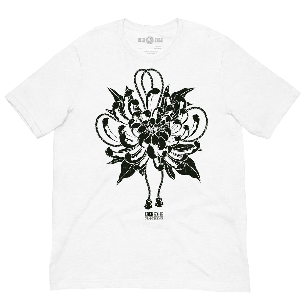 White t-shirt with black floral design and brand logo on a white background